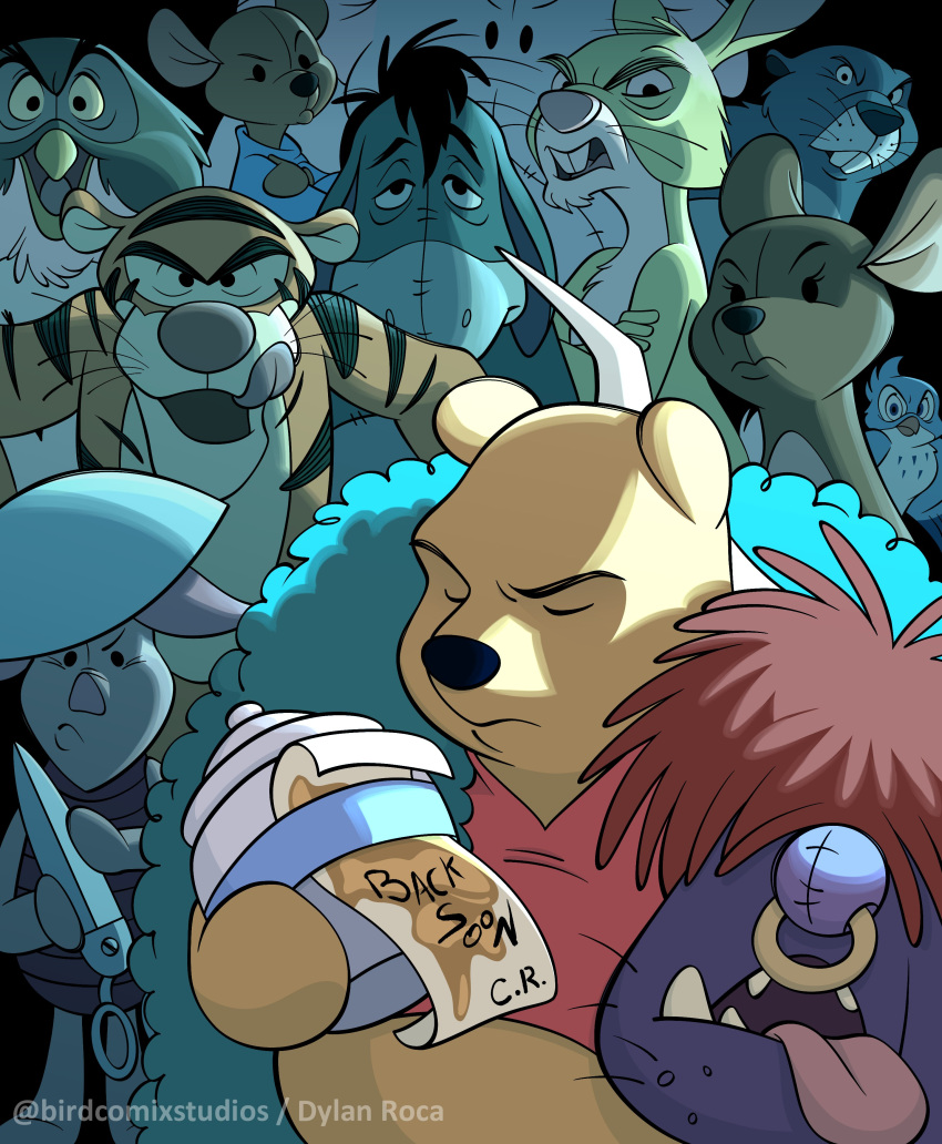 1girl, 6+boys, absurdres, bear, buck_teeth, disney, eeyore, food