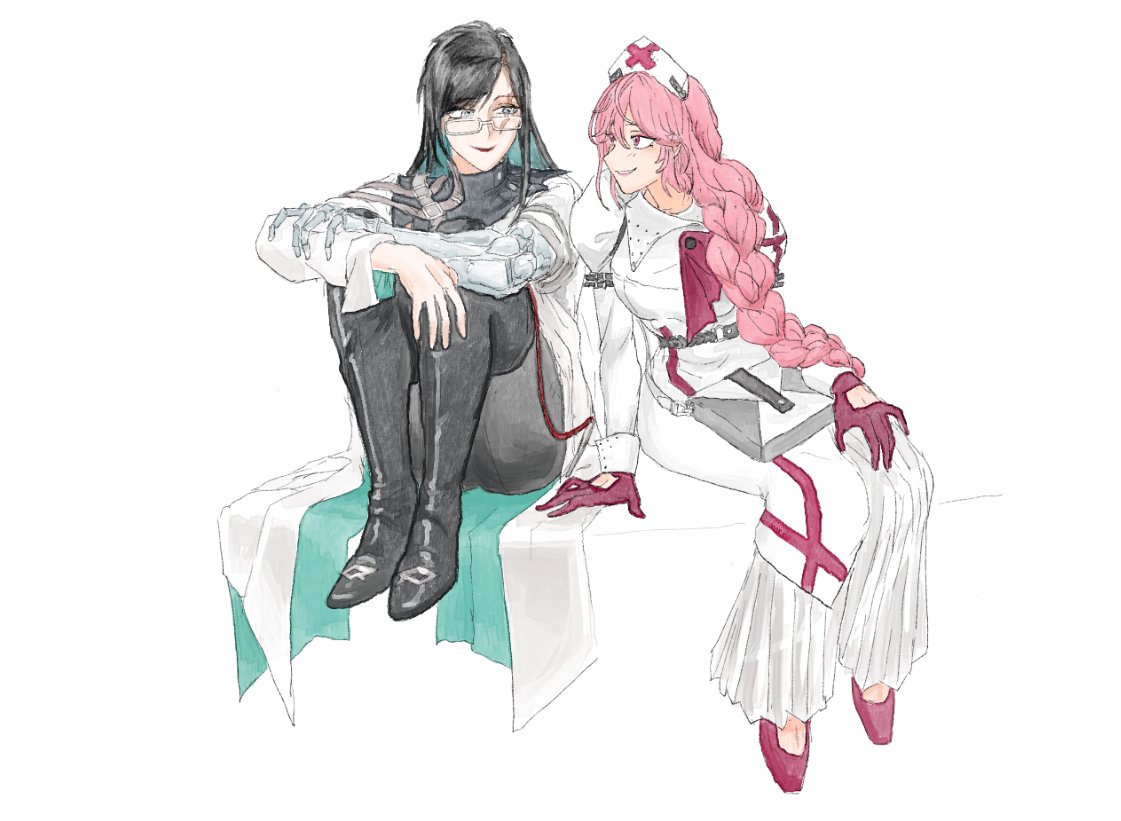 2girls, anne_(path_to_nowhere), arms_on_knees, bag, belt, black_belt, black_boots, black_hair