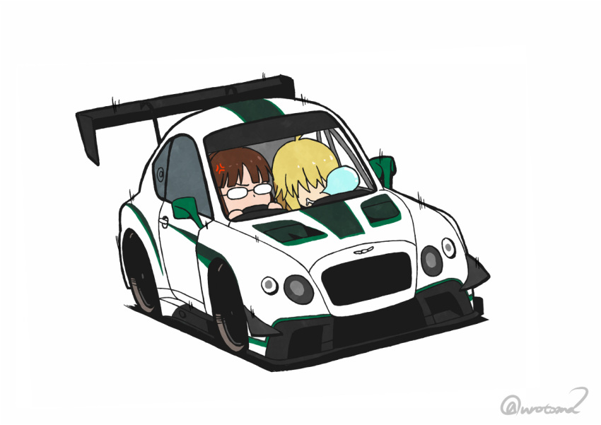 2girls, akizuki_ritsuko, anger_vein, bentley, bentley_continental_gt, blonde_hair, brown_hair, car