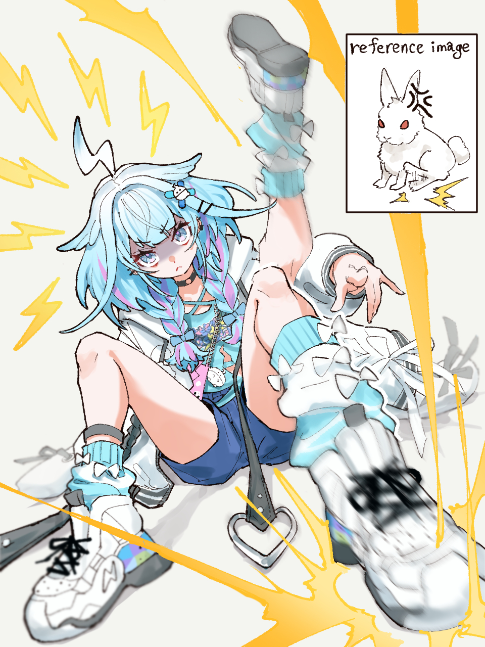 1girl, :<, afterimage, ahoge, angry, azuma_(azmdraw), black_choker, blue_bow, blue_eyes, blue_hair, blue_shirt, blue_shorts, bow, bow_legwear, braid, choker, closed_mouth, commentary_request, full_body, hair_bow, hair_flaps, hair_ornament, hairclip, highres, hololive, hololive_dev_is, jacket, lightning_ahoge, lightning_bolt_symbol, long_hair, long_sleeves, looking_at_viewer, mizumiya_su, mizumiya_su_(1st_costume), multicolored_hair, o-ring, o-ring_choker, on_floor, open_clothes, open_jacket, parallel_hairclips, pink_hair, pink_streaks, pointing, pointing_at_viewer, print_shirt, rabbit, shaded_face, shirt, shoes, shorts, sitting, socks, stomping, stomping_on_floor, streaked_hair, twin_braids, two-tone_hair, virtual_youtuber, white_background, white_jacket, white_shoes