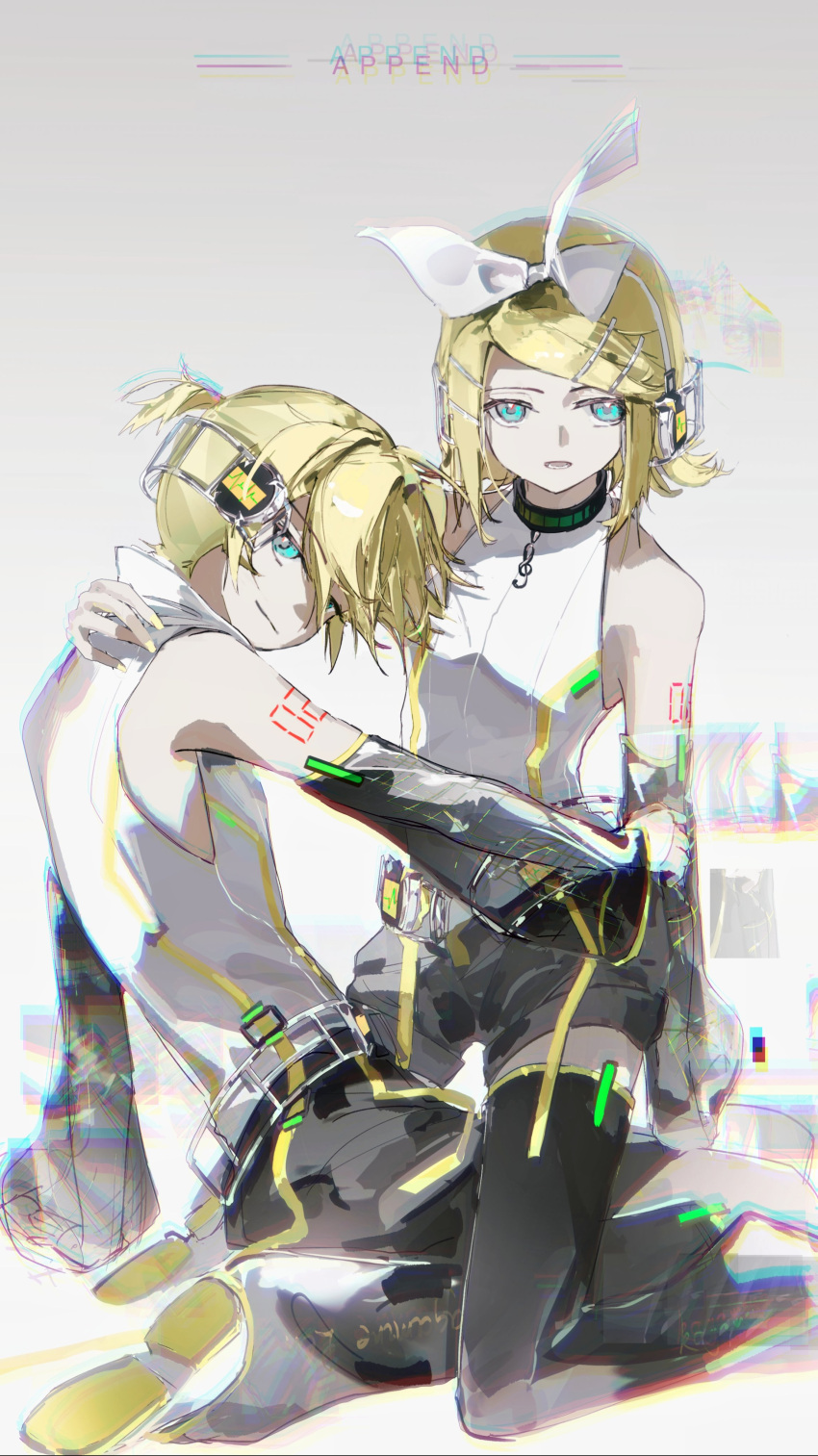 1boy, 1girl, absurdres, arm_support, arm_tattoo, black_sleeves, black_thighhighs, blonde_hair