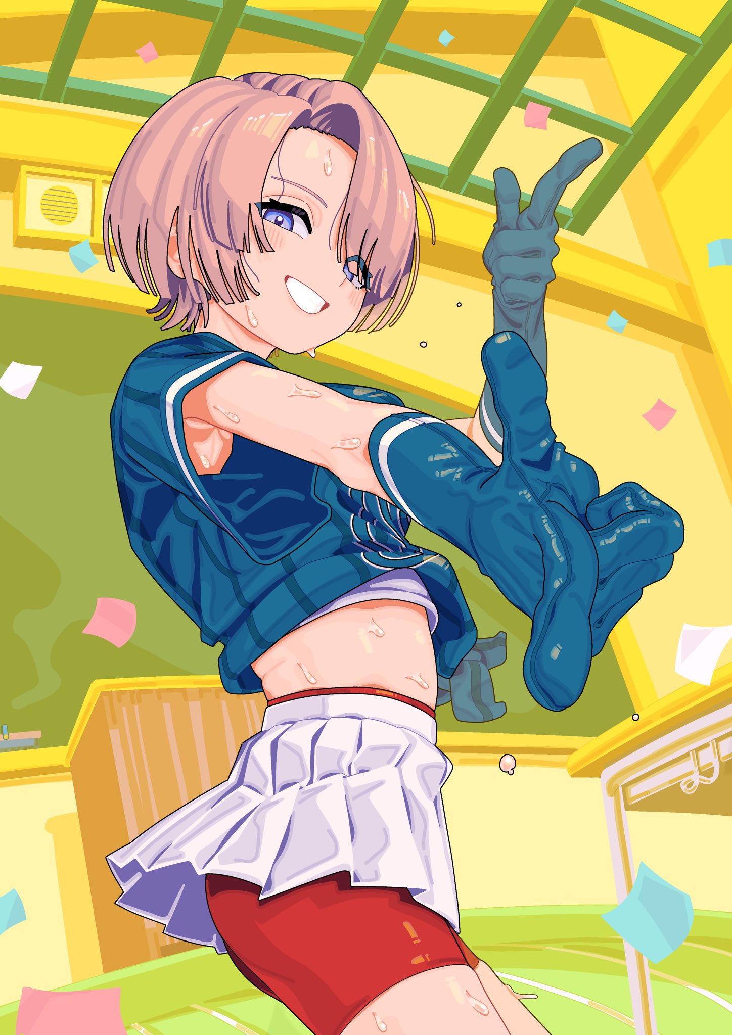 arimura_mao, armpits, asymmetrical_bangs, bike_shorts, bob_cut, crop_top, gakuen_idolmaster, gamushara_ni_ikou!_(idolmaster)