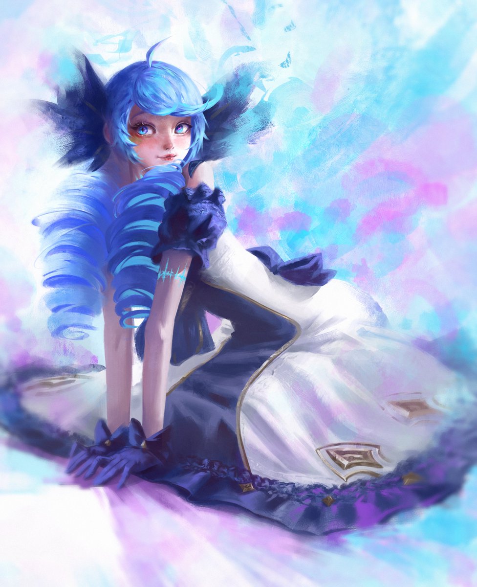 1girl, ahoge, arm_support, arm_tattoo, back_bow, blue_bow, blue_dress, blue_eyes