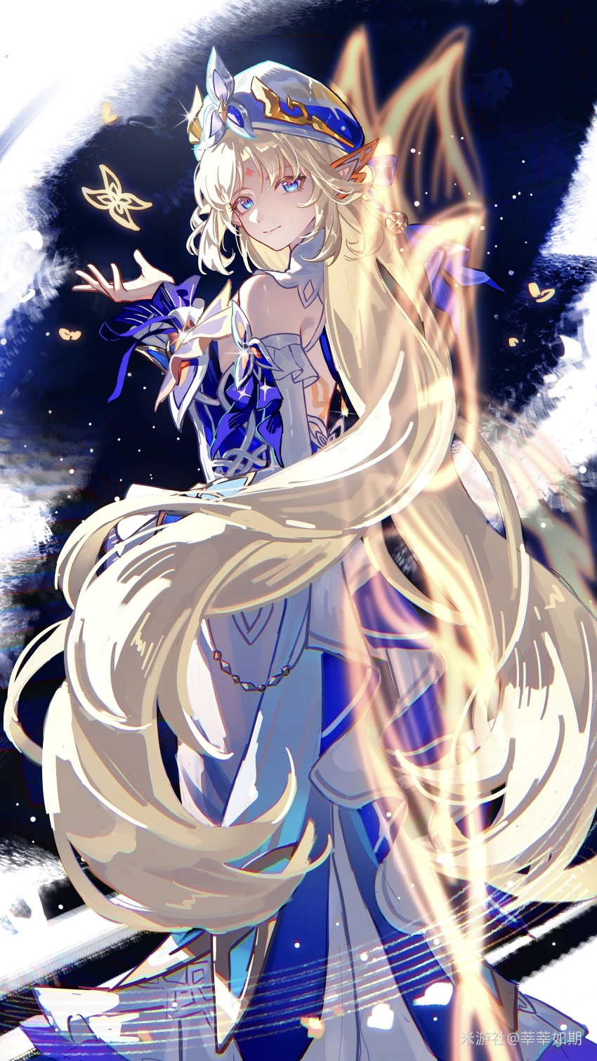 1girl, absurdres, bare_shoulders, beret, blonde_hair, blue_eyes, breasts, bug