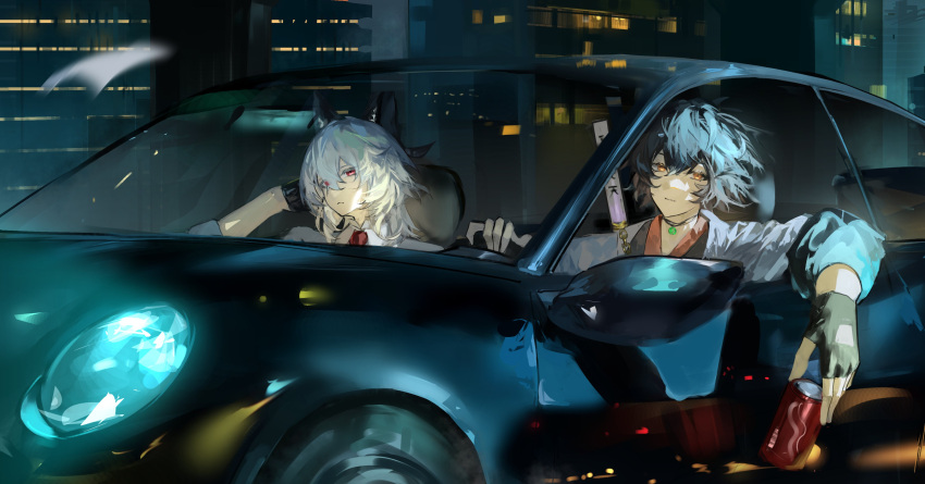 2girls, absurdres, black_hair, can, car, commentary, commission, drink_can
