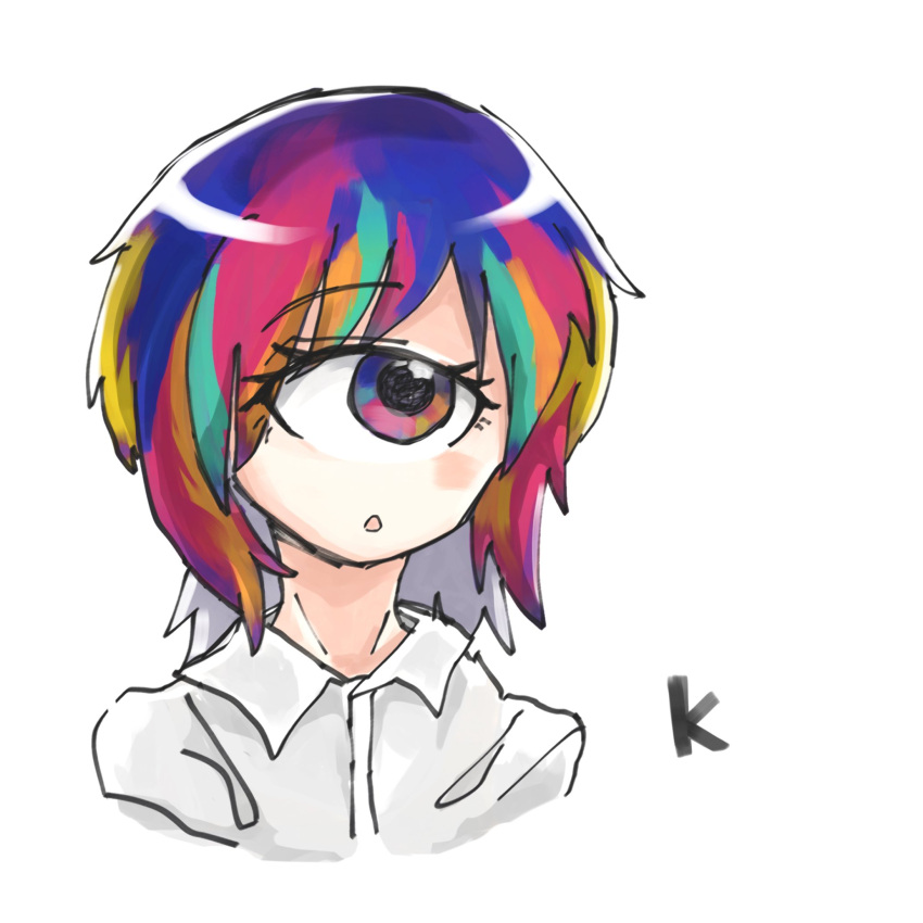 1girl, alphabet, commentary, cyclops, dress_shirt, highres, j-core, kyou1110, looking_at_another, multicolored_eyes, multicolored_hair, one-eyed, portrait, rainbow_eyes, rainbow_hair, shirt, simple_background, solo, triangle_mouth, white_background, white_shirt, wolf_cut