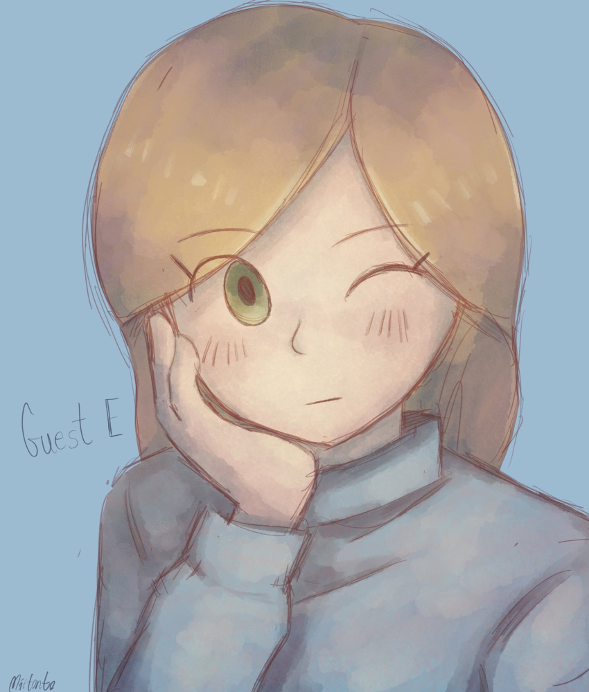 1girl, artist_name, blonde_hair, blue_background, blue_sweater, blush, brown_hair, character_name
