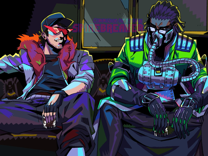 2boys, black_gloves, black_hair, black_pants, black_shirt, brown_hair, cable, couch, cup, dreadlocks, drinking_glass, fingerless_gloves, fur-trimmed_jacket, fur_trim, glasses, gloves, green_jacket, heavenly_father, indie_virtual_youtuber, jacket, keyshaun, mask, mouth_mask, multiple_boys, pants, shirt, sitting, sunglasses, triangular_eyewear, virtual_youtuber, window
