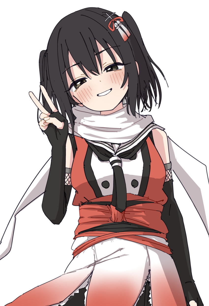 1girl, absurdres, black_gloves, black_hair, black_neckerchief, blush, brown_eyes, elbow_gloves