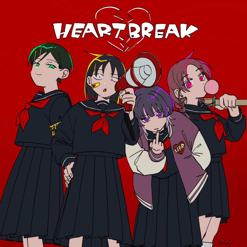 ahoge, bandaid, bandaid_on_face, black_eyes, black_hair, blowing_bubble_gum, bokken, braid