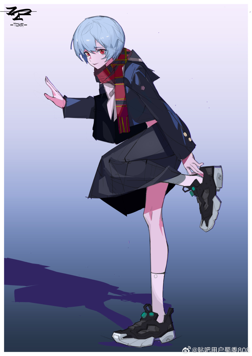1girl, absurdres, aqua_hair, ayanami_rei, black_skirt, blazer, commentary_request, full_body, highres, jacket, looking_at_viewer, neon_genesis_evangelion, red_eyes, scarf, shadow, shoes, skirt, sneakers, socks, solo, standing, standing_on_one_leg, tomafumi