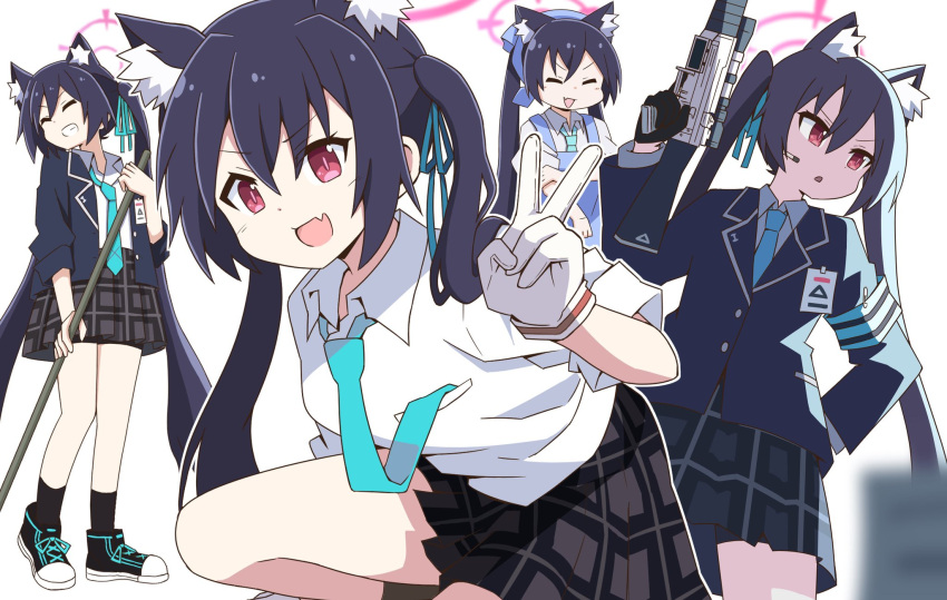 1girl, animal_ear_fluff, animal_ears, apron, aqua_necktie, armband, assault_rifle, beretta_ar70/90