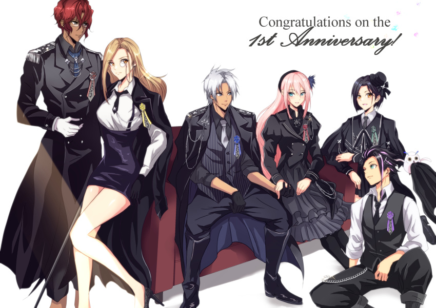 3boys, 3girls, alphen_(tales), ankle_boots, anniversary, award_ribbon, bird, black_boots, black_coat, black_dress, black_gloves, black_jacket, black_necktie, black_pants, black_ribbon, blue_eyes, blue_necktie, blush, boots, brown_eyes, buttons, closed_mouth, coat, commentary_request, couch, curtained_hair, dark-skinned_male, dark_skin, dohalim_il_qaras, double-breasted, double-parted_bangs, dress, english_text, epaulettes, formal_clothes, frilled_dress, frills, gloves, green_eyes, grey_necktie, hair_ornament, hair_slicked_back, hair_tie, happy_anniversary, hat, hat_ribbon, highres, hootle_(tales), jacket, kisara_(tales), law_(tales), light_smile, long_hair, long_sleeves, looking_at_viewer, military_uniform, mini_hat, mini_top_hat, monocle, monocle_chain, mt.ichi, multicolored_hair, multiple_boys, multiple_girls, necktie, on_couch, owl, pants, parted_bangs, parted_lips, pencil_skirt, pink_streaks, puffy_long_sleeves, puffy_sleeves, puritan_collar, ribbon, rinwell_(tales), shionne_(tales), shirt, short_hair, short_necktie, simple_background, sitting, skirt, sleeves_rolled_up, smile, standing, streaked_hair, suit_pants, tales_of_(series), tales_of_arise, top_hat, trench_coat, two-tone_hair, very_long_hair, vest, waistcoat, wallet_chain, white_background, white_gloves, white_hair, white_shirt, yellow_eyes