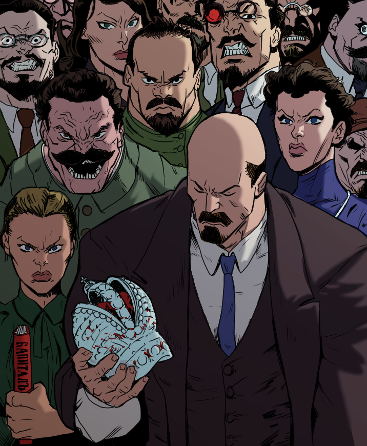 3girls, 6+boys, balding, blonde_hair, blue_dress, blue_eyes, blue_necktie, book, brown_eyes, brown_hair, brown_suit, buttons, closed_eyes, commentary, crown, dress, english_commentary, facial_hair, felix_dzerzhinsky, formal_clothes, fwad13039, glasses, goatee, green_dress, green_suit, holding, holding_book, holding_crown, inessa_armand, invincible_(series), joseph_stalin, leon_trotsky, lips, looking_at_viewer, meme, military_uniform, multiple_boys, multiple_girls, mustache, nadezhda_konstantinovna_krupskaya, necktie, real_life, red_necktie, shirt, short_hair, soviet, suit, vest, viltrumite_group_shot_(meme), vladimir_lenin, white_shirt, wing_collar