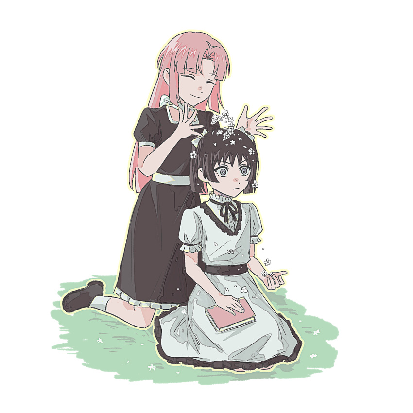 2girls, ^_^, aged_down, black_dress, black_hair, black_ribbon, black_sash, black_shoes