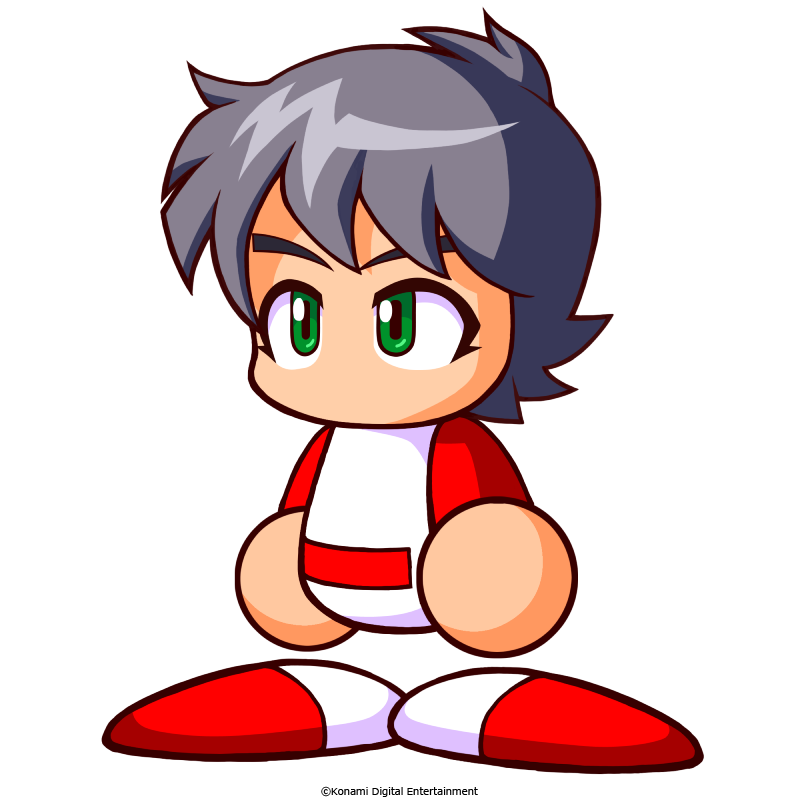 1boy, amezaki_yuuki, artist_request, baseball_uniform, commentary_request, copyright_notice, green_eyes, grey_hair, jikkyou_powerful_pro_yakyuu, jikkyou_powerful_pro_yakyuu_(style), multicolored_shirt, multicolored_shoes, no_mouth, official_art, power_pro-kun_pocket, power_pro-kun_pocket_13, power_pro_appli, rayman_limbs, red_shirt, red_shoes, sanpaku, shirt, shoes, short_hair, solo, sportswear, two-tone_shirt, two-tone_shoes, white_background, white_shirt, white_shoes