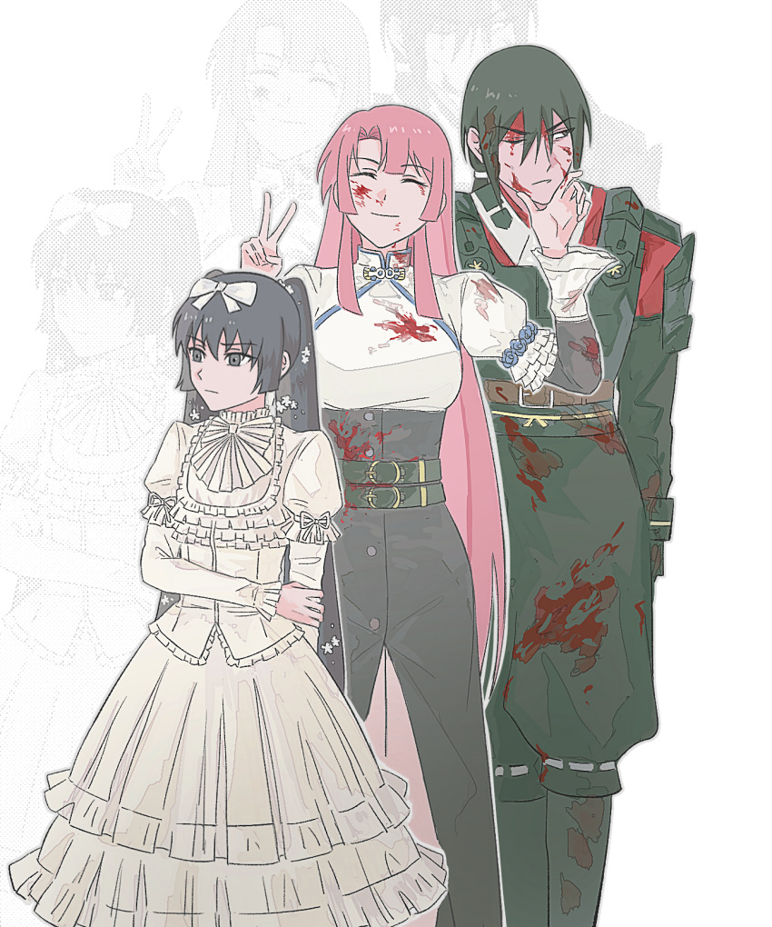 1boy, 2girls, ^_^, arm_ribbon, armor, arms_at_sides, belt, bib_collar