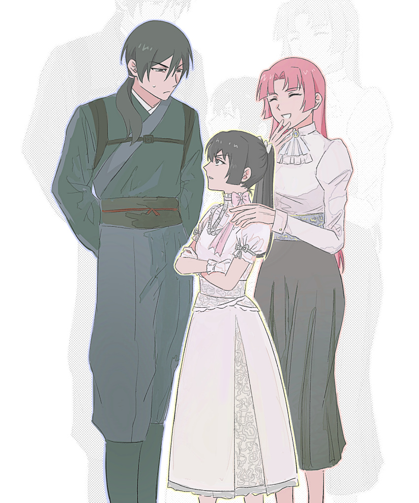 1boy, 2girls, ^_^, arm_ribbon, arms_behind_back, ascot, ben-day_dots, black_boots