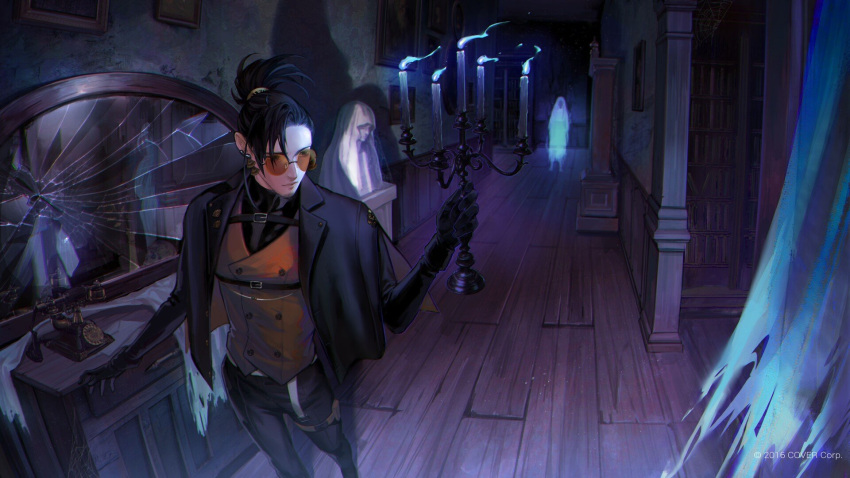 1boy, alternate_costume, antique_phone, black_coat, black_hair, black_pants, black_shirt, blue_fire