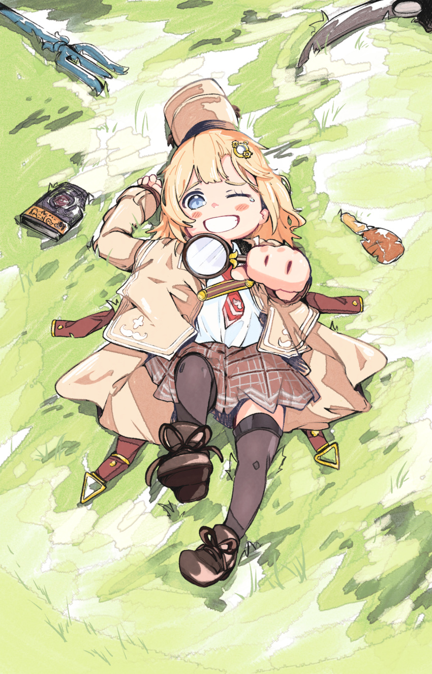 ao-chan_(ninomae_ina'nis), black_shoes, black_thighhighs, blue_eyes, brown_jacket, brown_skirt, byxis, highres