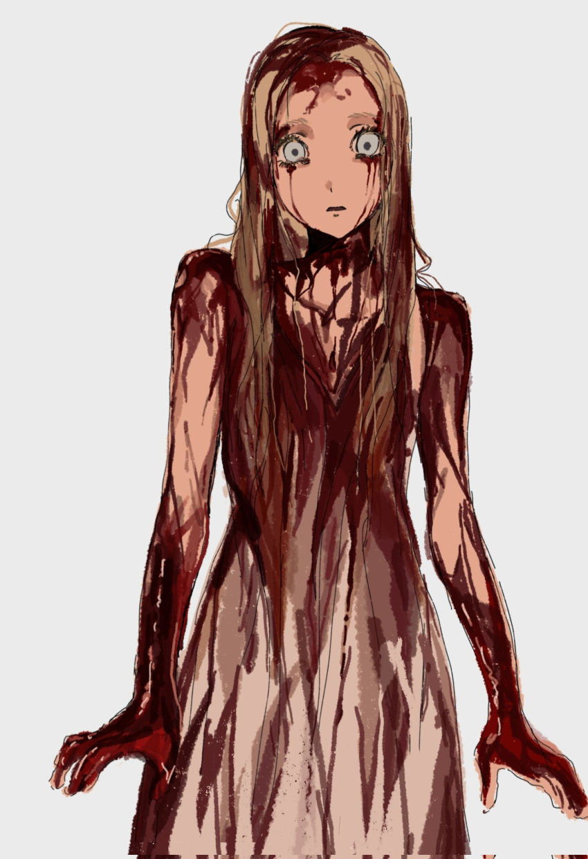 1girl, blonde_hair, blood, blood_in_hair, blood_on_clothes, blood_on_face, blood_on_hand, carrie_(stephen_king), carrietta_white, commentary, corrupted_twitter_file, dress, highres, koine2l23, long_hair, open_mouth, solo, white_background