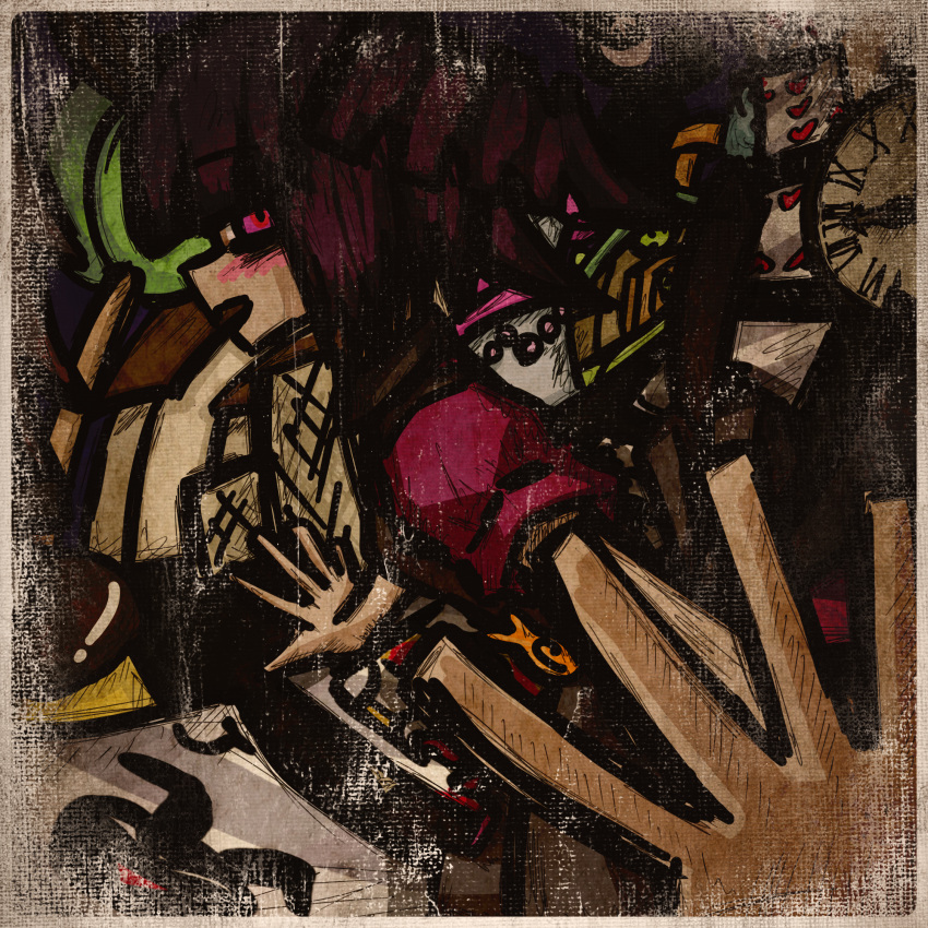 album_cover, analog_clock, apron, blunt_bangs, candy, card, clock, commentary_request