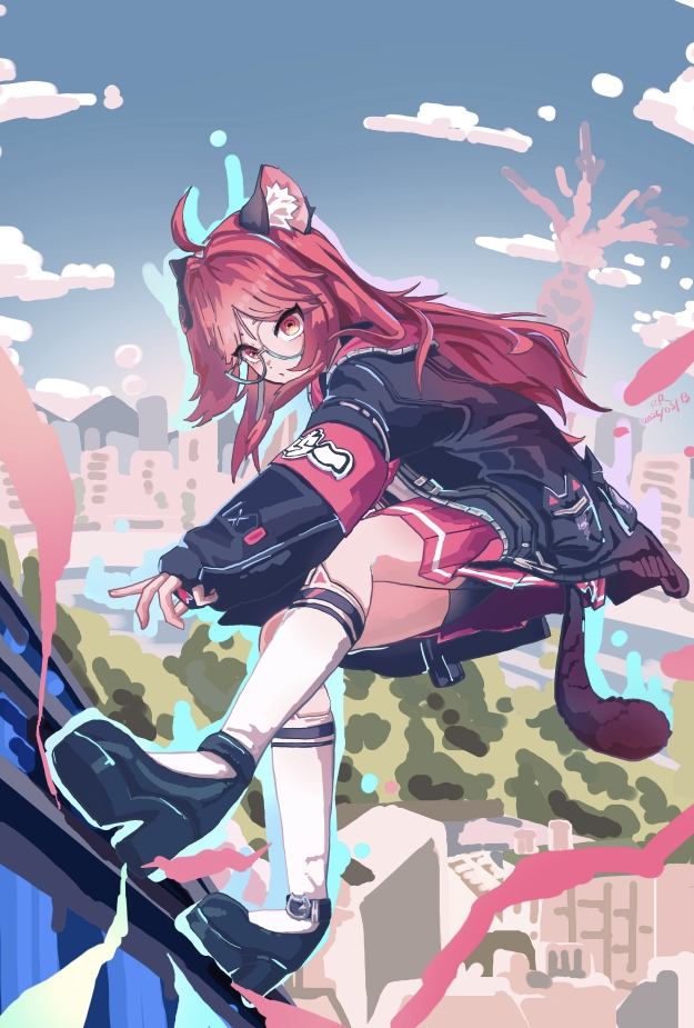 1girl, ahoge, animal_ear_fluff, animal_ear_legwear, animal_ears, armband, black-framed_eyewear, black_jacket, black_shoes, blue_sky, cat_ear_legwear, cat_ears, cat_girl, cat_tail, cityscape, closed_mouth, commentary_request, glasses, jacket, long_hair, nanally_(neverness_to_everness), neverness_to_everness, red_armband, red_eyes, red_hair, red_skirt, shoes, skirt, sky, smile, solo, tail, thigh-highs, user_hzcn3753, white_thighhighs