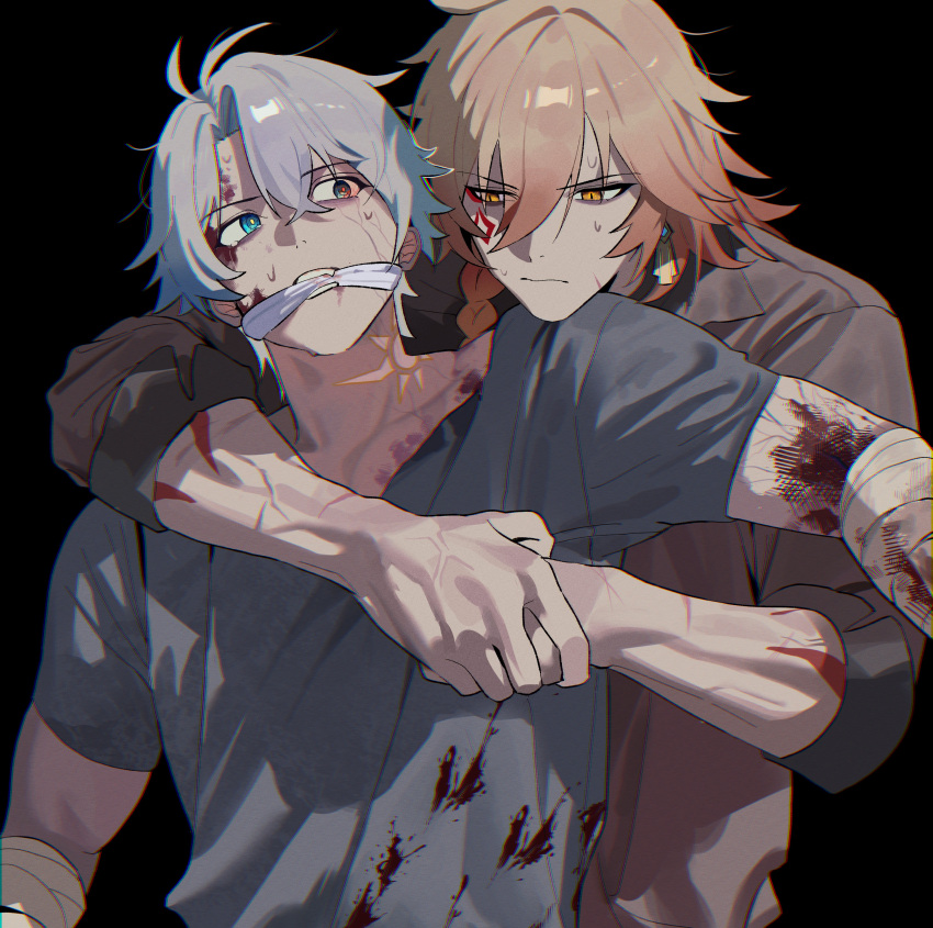 2boys, absurdres, alternate_costume, antenna_hair, arm_tattoo, bandaged_arm, bandages, black_shirt