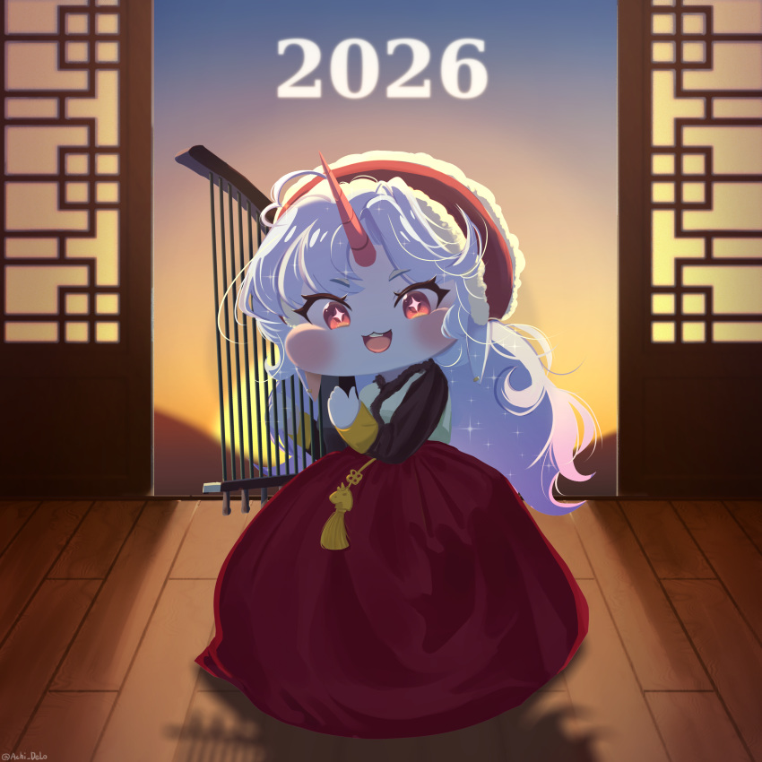 1girl, 2026, :3, absurdres, achi_delo, alternate_costume, blue_hair, blush