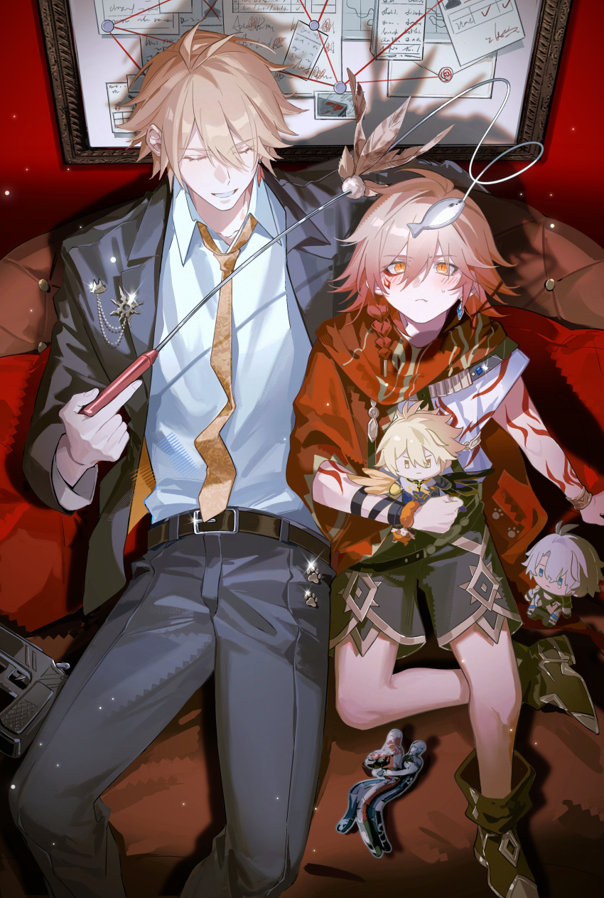 2boys, absurdres, aged_down, alternate_costume, antenna_hair, arm_tattoo, belt, black_belt