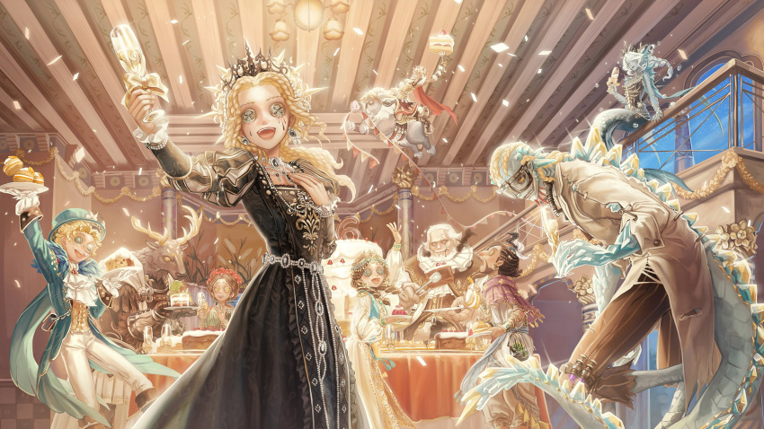4girls, 6+boys, alice_deross, alice_deross_(eternity), anne_lester, anne_lester_(shining_feather), bane_(identity_v), bane_perez, bane_perez_(cerynitis'_bane), beard, black_dress, blonde_hair, boar, bow, brown_hair, button_eyes, buttons, cake, cake_slice, champagne_flute, commentary_request, cup, dress, drinking_glass, earrings, emily_dyer, emily_dyer_(duskfall), facial_hair, flower, food, fruit, goggles, grace_(halberd_of_silence)_(identity_v), grace_(identity_v), hair_flower, hair_ornament, hat, highres, identity_v, ironhead_(great_hero)_(identity_v), ironhead_(identity_v), jewelry, leo_beck, leo_beck_(satiety), luchino_(crystalline)_(identity_v), luchino_(identity_v), mike_morton, mike_morton_(mr._swifts), misty_villa_(identity_v), mizutame_tori, multiple_boys, multiple_girls, murro_(great_hero)_(identity_v), murro_(identity_v), official_art, open_mouth, red_flower, reptile_boy, saddle, servais_le_roy, servais_le_roy_(hill_pigeon), smile, strawberry, tiara, white_hair