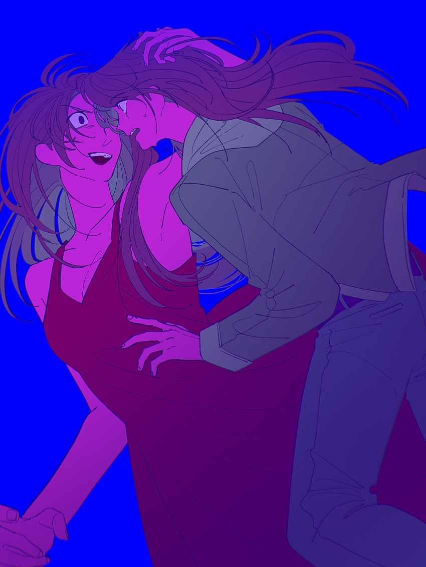 2girls, blue_background, brown_hair, charlotte_emily, commentary, dress, english_commentary, five_nights_at_freddy's