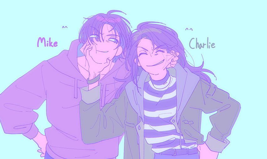 1boy, 1girl, blue_background, brown_hair, character_name, charlotte_emily, cheek_pull, cheek_squash