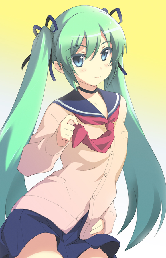 aqua_eyes, choker, deyuuku, green_hair, hair_ribbon, hatsune_miku, long_hair, ribbon, school_uniform, serafuku, solo, twintails, very_long_hair, vocaloid