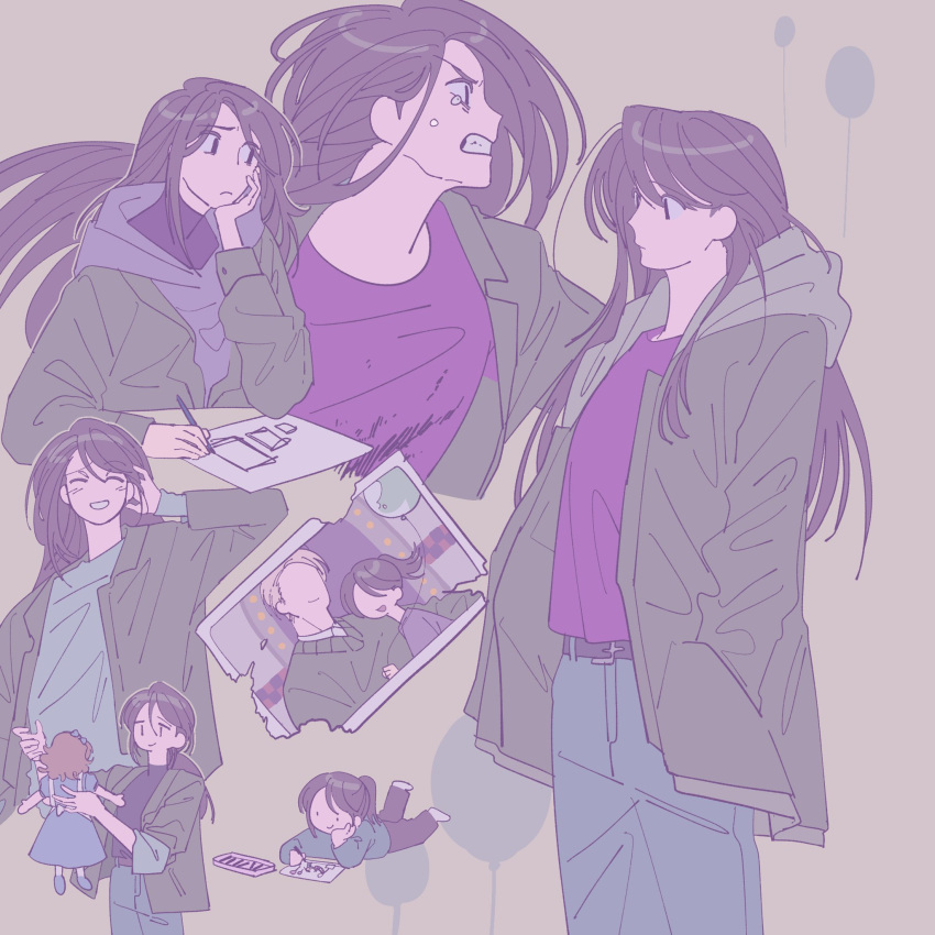1girl, brown_hair, charlotte_emily, commentary, doll, ella_(fnaf), five_nights_at_freddy's, green_jacket