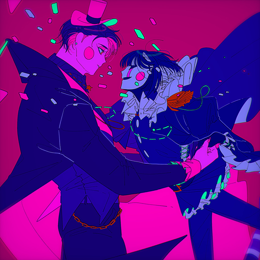 black_hair, black_jacket, blush_stickers, commentary, earrings, five_nights_at_freddy's, freddy_fazbear's_pizzeria_simulator, hat, highres, holding_hands, humanization, jacket, jewelry, lefty_(fnaf), mask, padded_shoulders, pink_background, pink_hat, short_hair, the_puppet_(fnaf), yu_(user_yubyul)