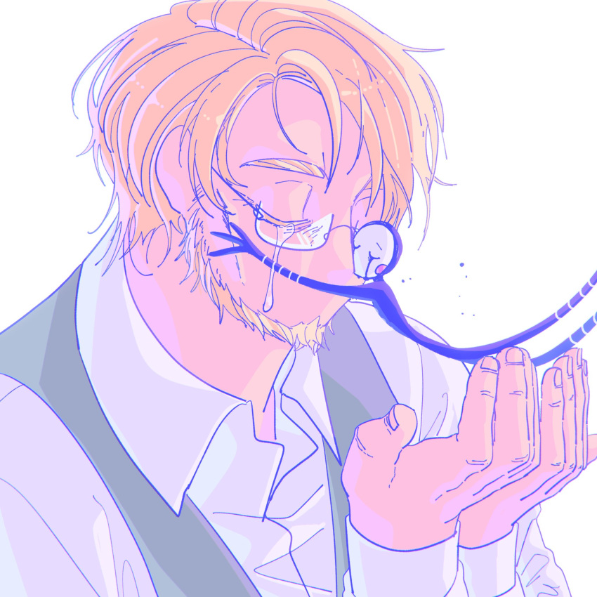 beard, blonde_hair, collared_shirt, colored_eyelashes, commentary, crying, facial_hair, five_nights_at_freddy's, glasses, green_vest, henry_emily, highres, hug, shirt, the_puppet_(fnaf), vest, white_background, white_shirt, yu_(user_yubyul)