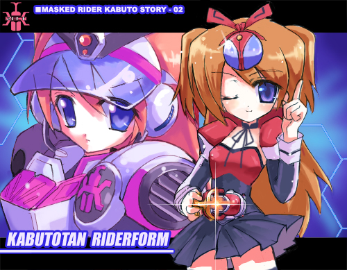2girls, armor, black_skirt, blue_eyes, brown_hair, dual_persona, earmuffs, hand_up, kamen_rider, kamen_rider_kabuto, kamen_rider_kabuto_(masked_form), kamen_rider_kabuto_(series), kazuu, long_hair, lowres, multiple_girls, one_eye_closed, pointing, pointing_up, red_armor, rider-tan, rider_belt, rider_belt_(kabuto), skirt, twintails, visor_cap