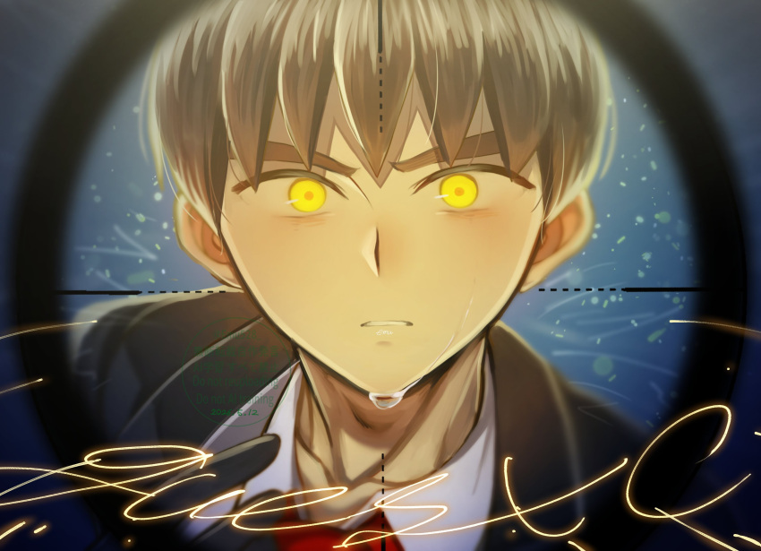 1boy, black_gloves, blonde_hair, brown_hair, collared_shirt, commentary_request, emu528, gloves