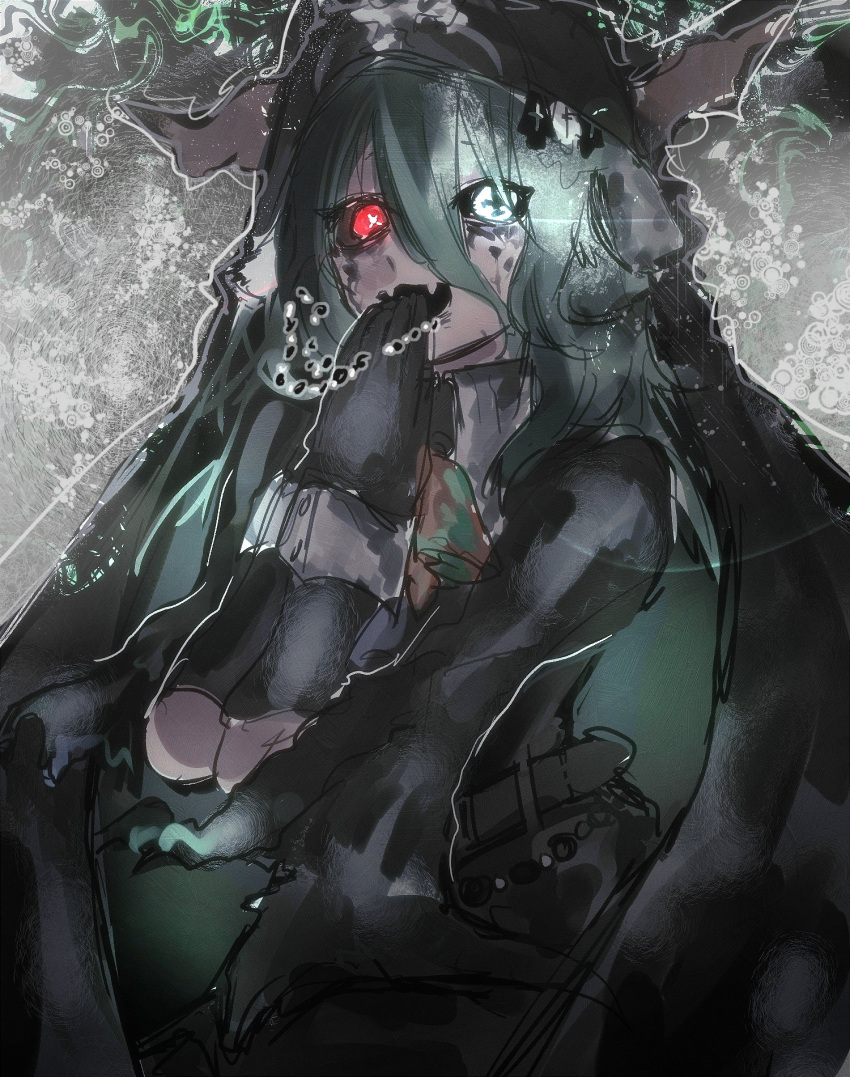 1girl, animal_ears, bead_necklace, beads, bell, black_dress, black_gloves, black_sclera