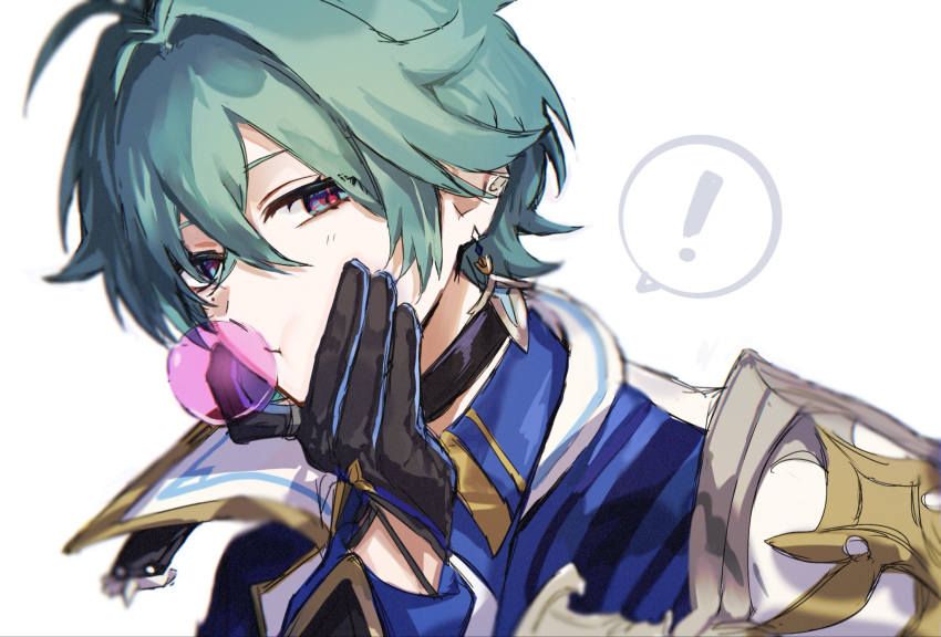 !, 1boy, ahoge, black_gloves, blnl_uhauha, blue_eyes, blue_shirt, chewing_gum