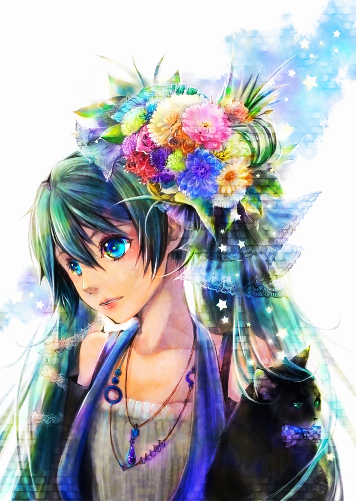 aqua_eyes, face, flower, green_hair, hair_flower, hair_ornament, hatsune_miku, jewelry