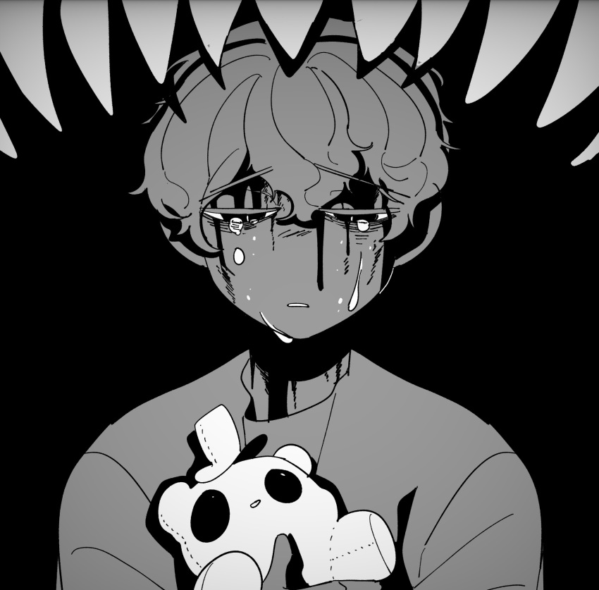 1boy, blood, blood_on_hand, commentary, crying, crying_child_(fnaf), five_nights_at_freddy's, fredbear_(fnaf)
