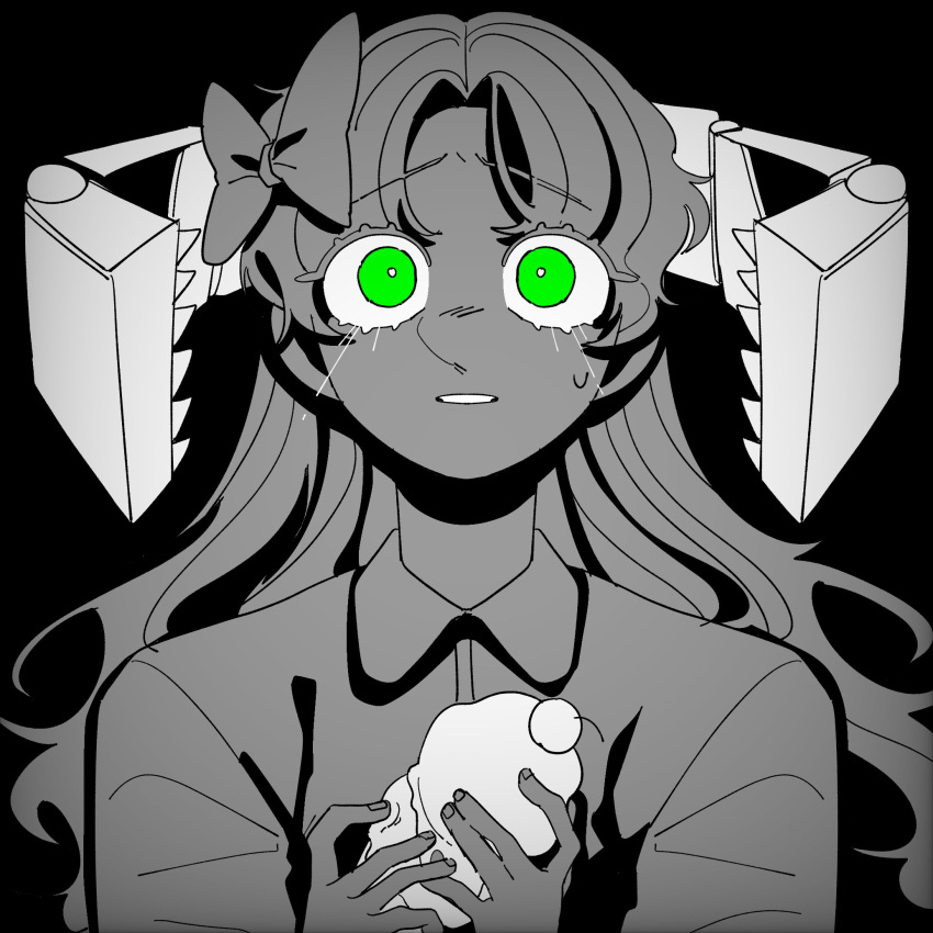 1girl, bow, cherry, collared_shirt, commentary, crying, elizabeth_afton, five_nights_at_freddy's