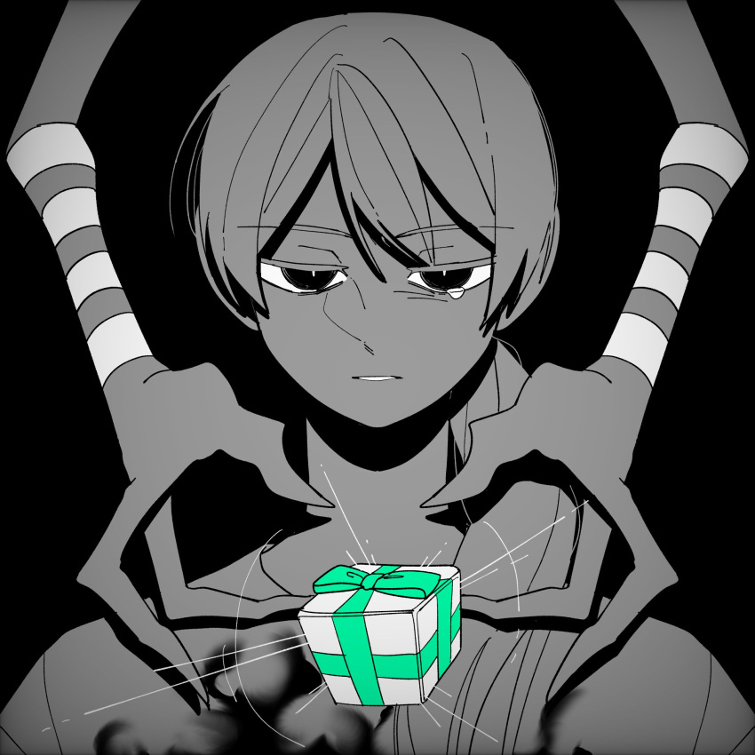 1girl, box, charlotte_emily, commentary, five_nights_at_freddy's, gift, gift_box, hair_over_shoulder