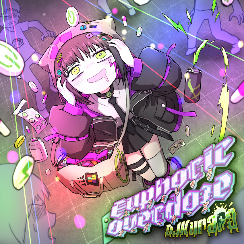 1girl, 4boys, absurdres, album_cover, album_name, animal_ears, asymmetrical_legwear, bag