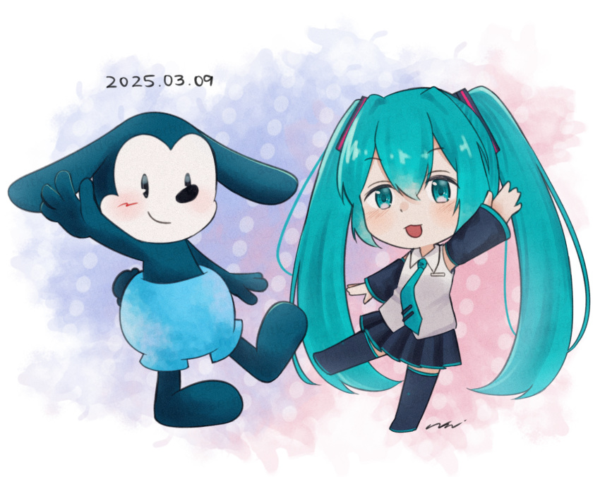 1boy, 1girl, black_skirt, blue_eyes, blue_hair, blue_necktie, blue_shorts, chibi