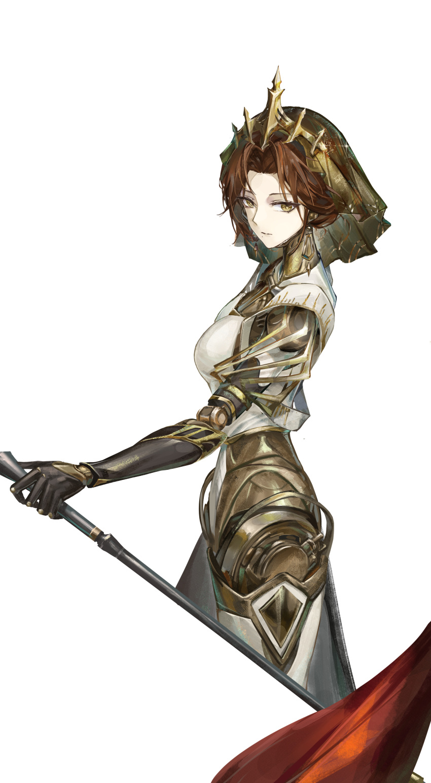 1girl, absurdres, andoff, android, brown_hair, closed_mouth, commentary, cowboy_shot, english_commentary, from_side, green_eyes, green_veil, highres, joints, looking_at_viewer, lucy_(reverse:1999), lucy_(the_queen's_game)_(reverse:1999), reverse:1999, robot_ears, robot_girl, robot_joints, short_hair, simple_background, solo, veil, white_background