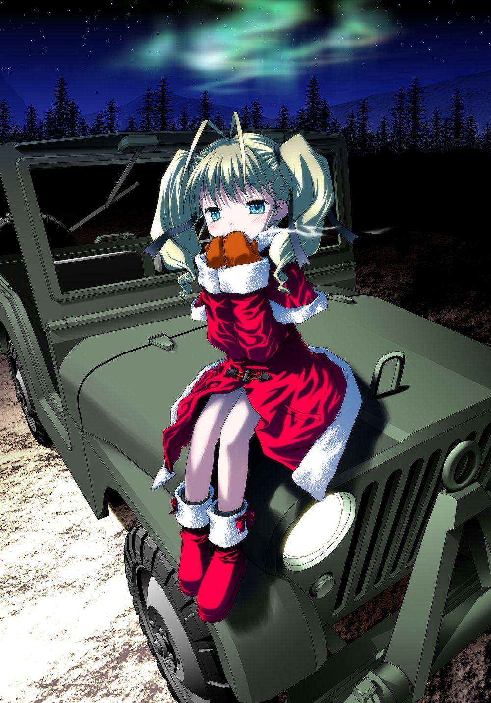 1girl, aino_pekonen, antenna_hair, aurora, black_ribbon, blue_eyes, blush, boots
