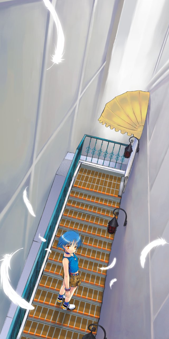 1girl, androgynous, belt, blue_choker, blue_hair, blue_socks, blue_tank_top, brick_stairs